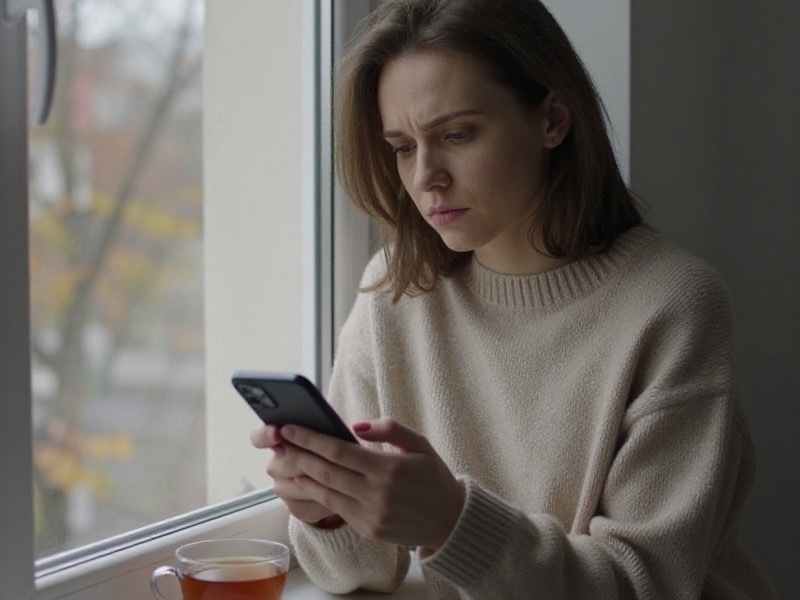 A woman in her early thirties sits by a tall window in a Kyiv apartment on a grey autumn afternoon, holding her phone and rereading a message with a thoughtful, guarded expression, wearing a beige knit sweater, soft natural daylight, a cup of tea on the windowsill.