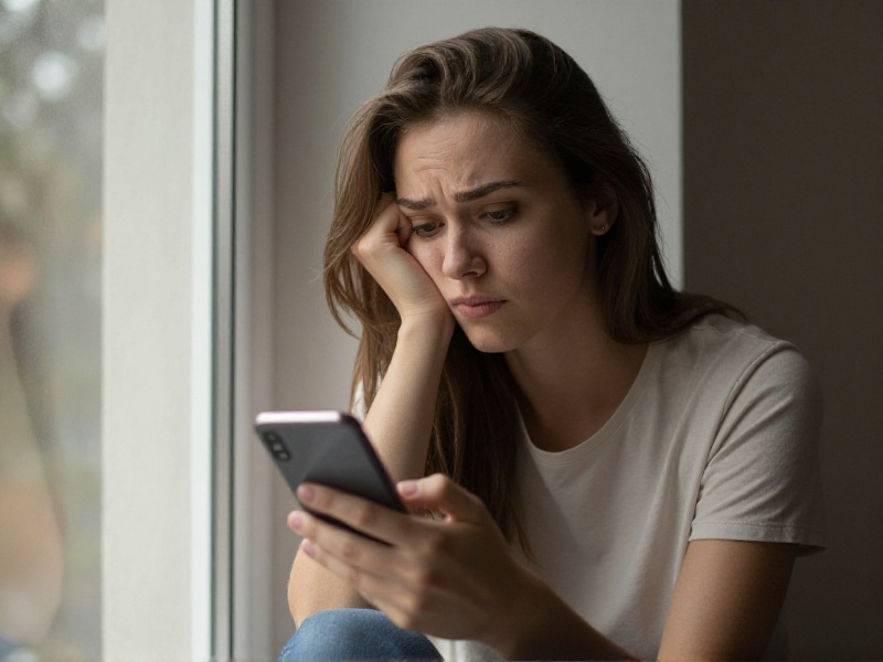 Молодая женщина в светлой комнате сидит у окна и задумчиво смотрит на смартфон с сообщениями, мягкий дневной свет, выражение лёгкого сомнения.